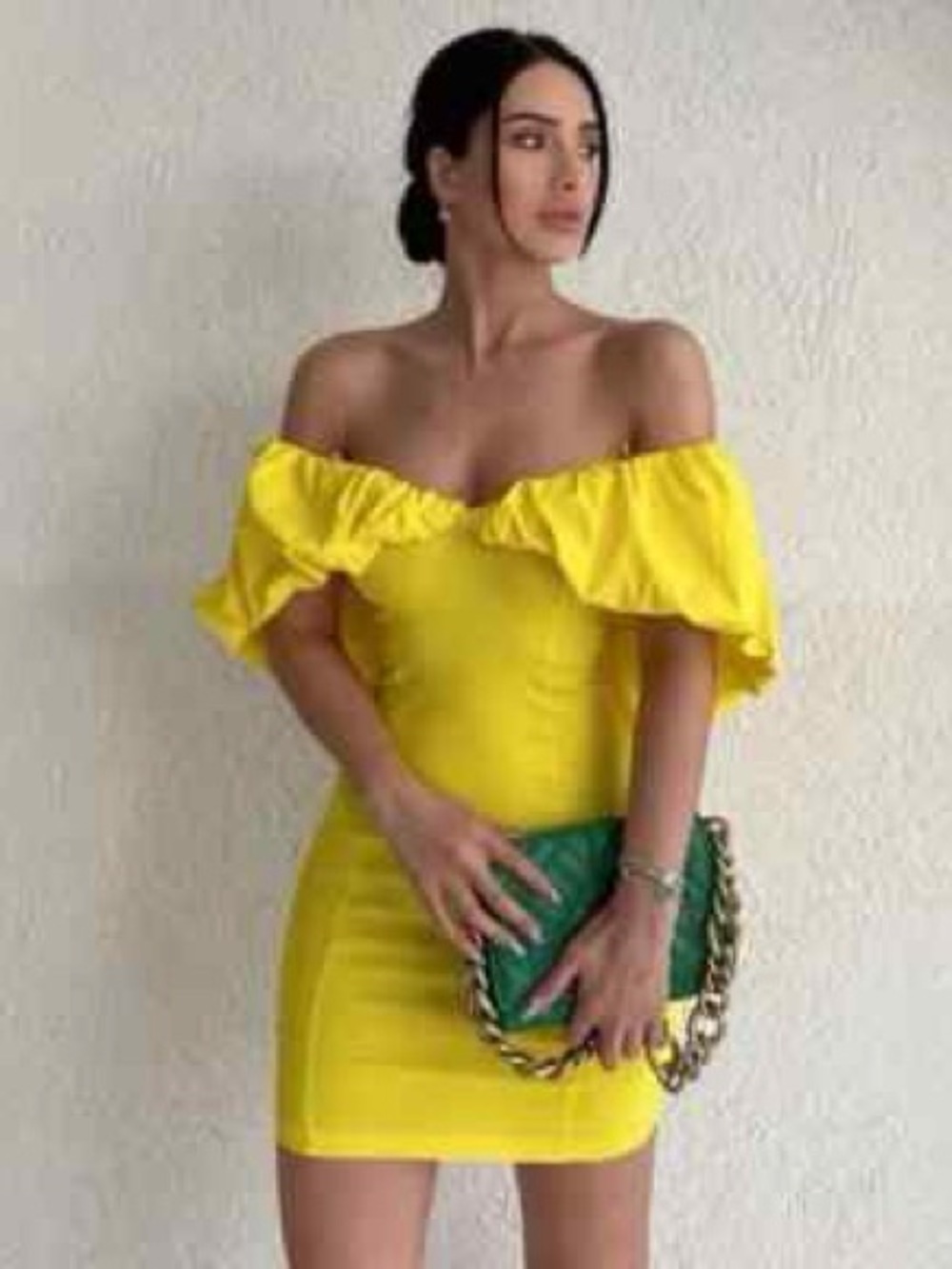 Zara Bright Yellow stretch Off-Shoulder Ruffle Mini Dress